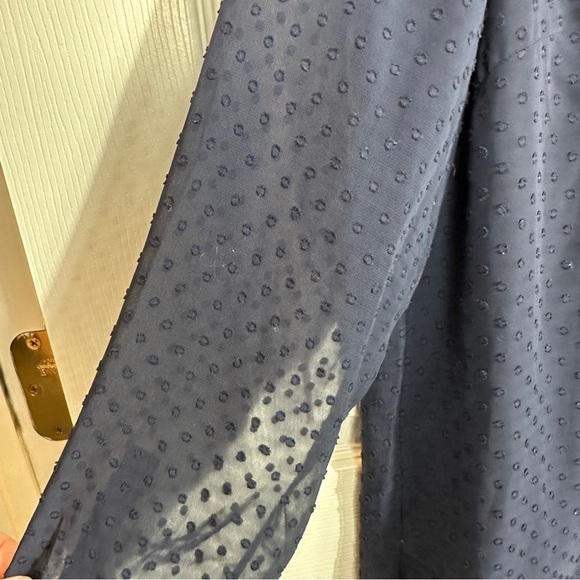 Talbots PM tunic blouse, navy w/Swiss dots, sheer sleeves, spring, office - Picture 7 of 7